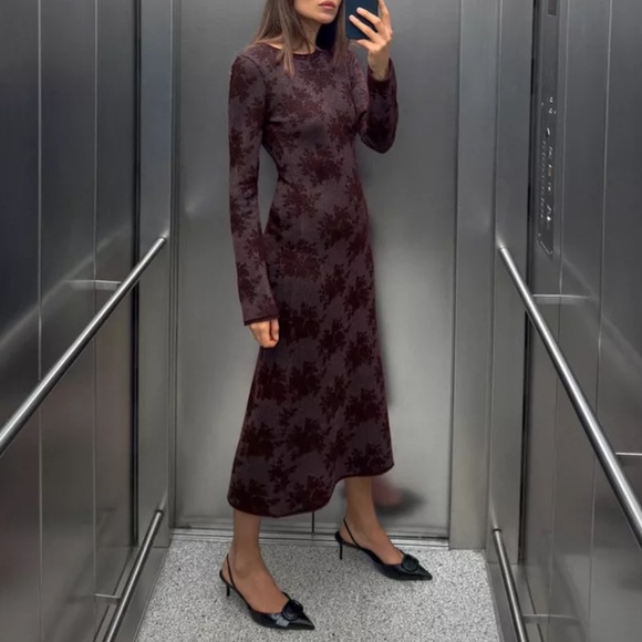ZARA midi dress Womens Small Jacquard Floral Long  Knit Red Stretch New 3859/103 - Picture 1 of 8